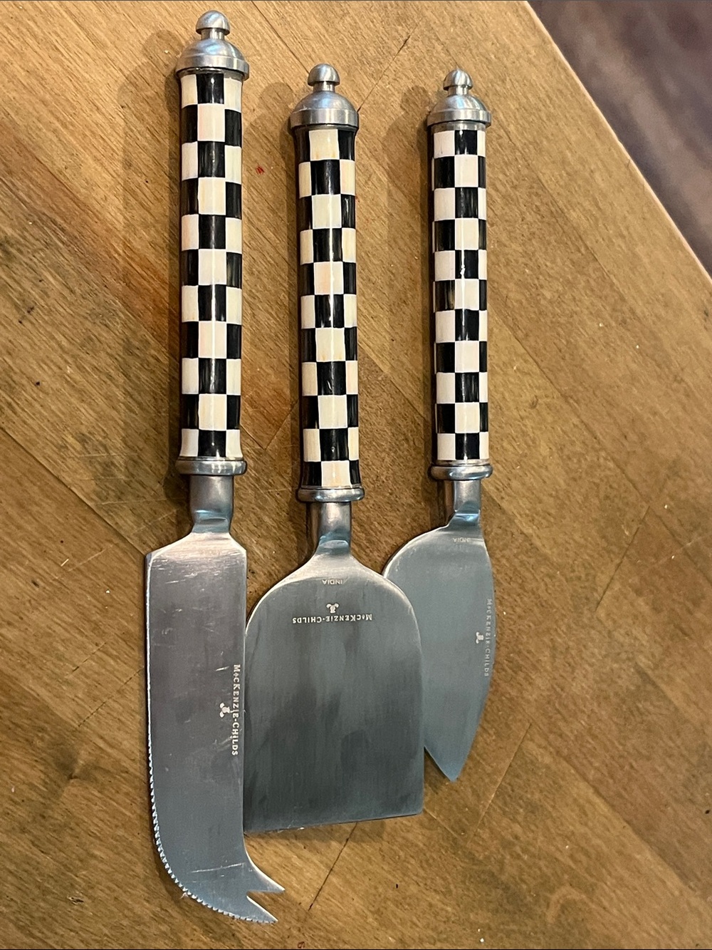 Mackenzie Childs Checkerboard Handle Cheese Knife Set - Black & White